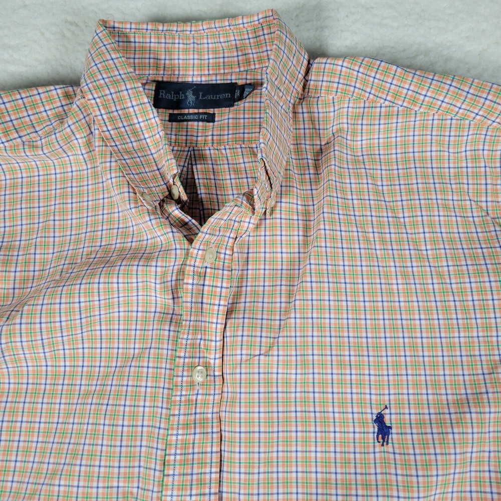 Ralph Lauren Button Down Mens XLT Orange Green Plaid Short Sleeve Classic Fit